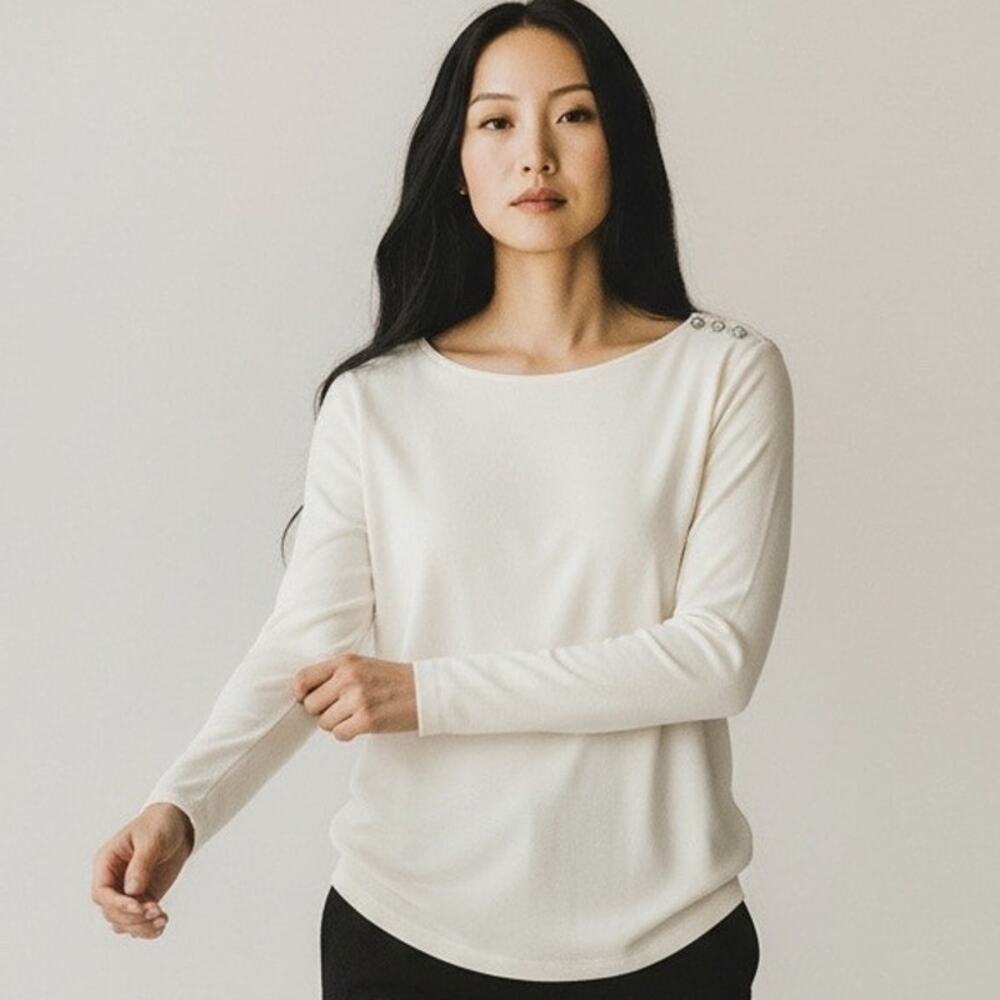 Talbots Crystal Button Shoulder Boatneck Top Small Ivory Long Sleeves Minimalist